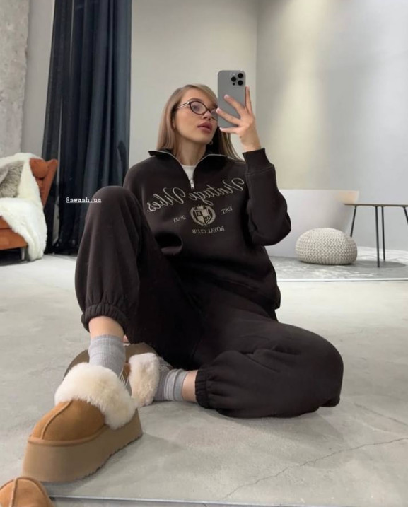 60/1 спортивний костюм на флісі з вишивкою кофта з блискавкою з коротким комірцем і штанами на резинці